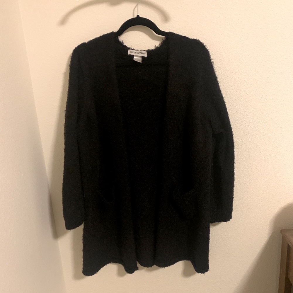 Fuzzy Black Cozy Open Front Longline Cardigan with Pockets! Size XXL